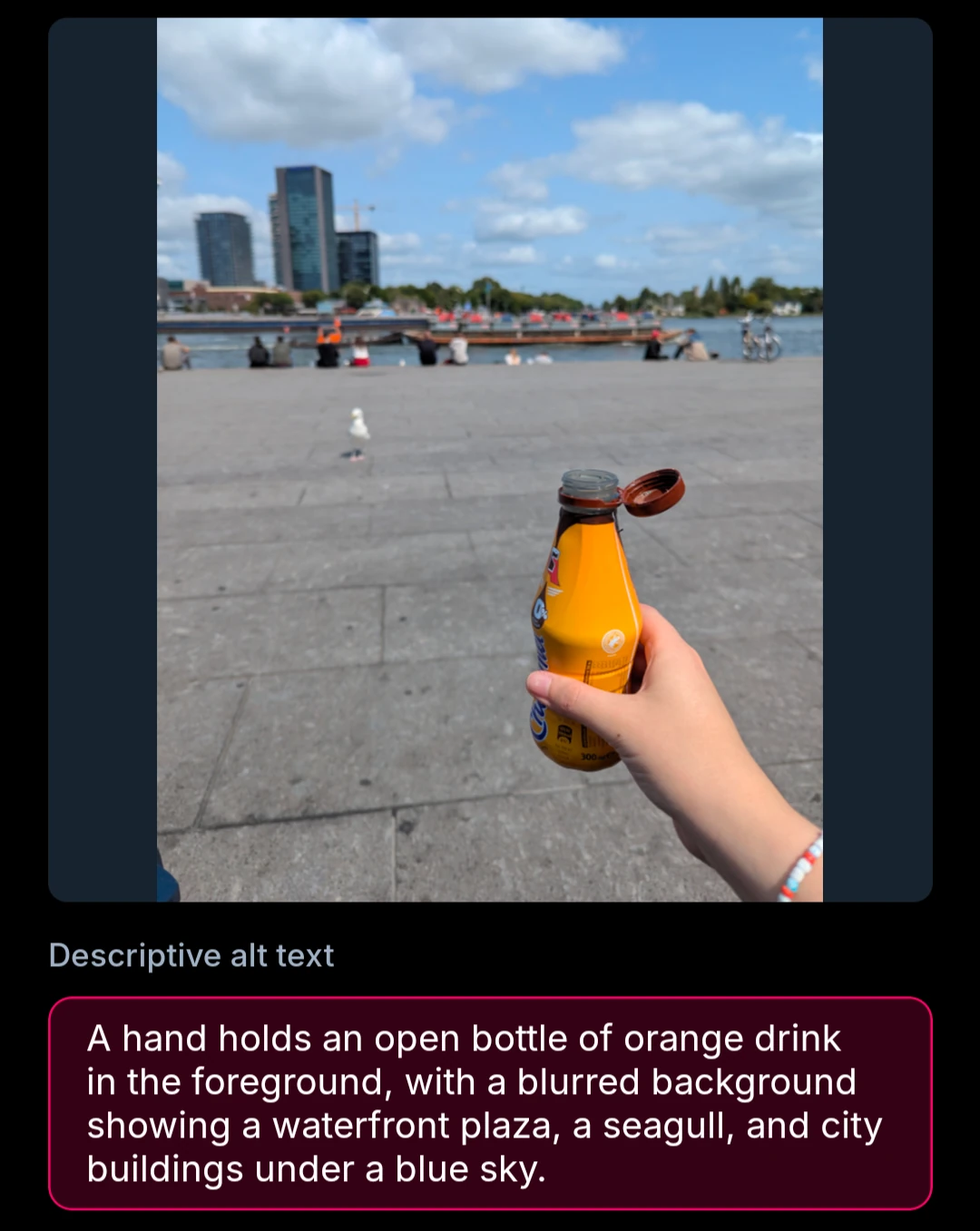 A hand holds an open bottle of orange drink in the foreground, with a blurred background showing a waterfront plaza, a seagull, and city buildings under a blue sky.