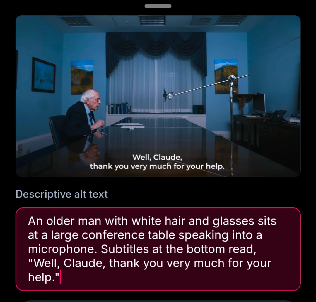 An older man with white hair and glasses sits at a large conference table speaking into a microphone. Subtitles at the bottom read, "Well, Claude, thank you very much for your help."