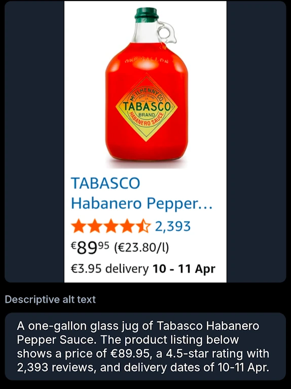 A one-gallon glass jug of Tabasco Habanero Pepper Sauce. The product listing below shows a price of 89.95EUR, a 4.5 star rating with 2,393 reviews, and delivery dates of 10-11 Apr.