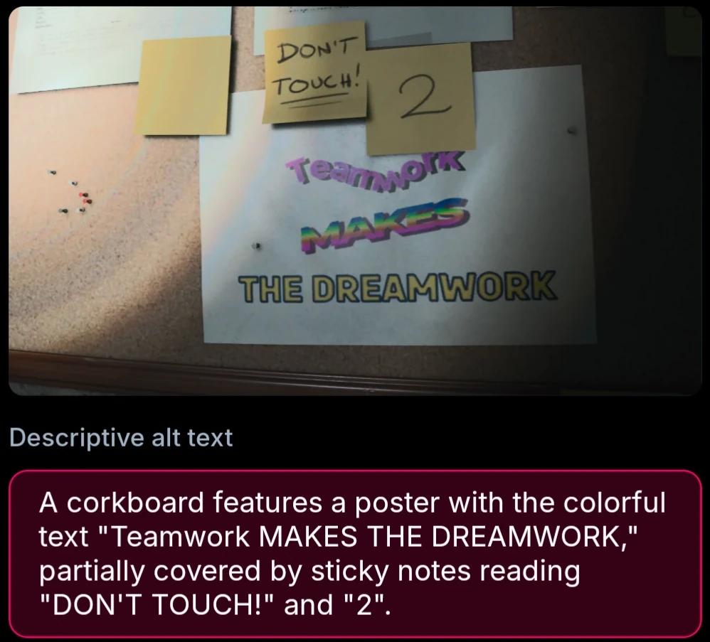 A corkboard features a poster with the colorful text "Teamwork MAKES THE DREAMWORK," partially covered by sticky notes reading "DON'T TOUCH!" and "2".