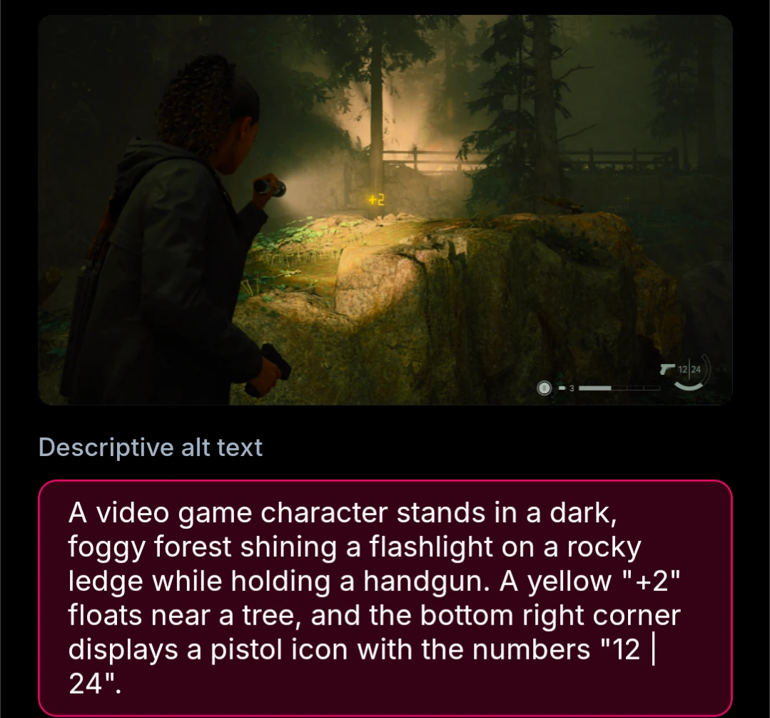 A video game character stands in a dark, foggy forest shining a flashlight on a rocky ledge while holding a handgun. A yellow "+2" floats near a tree, and the bottom right corner displays a pistol icon with the numbers "12 | 24".